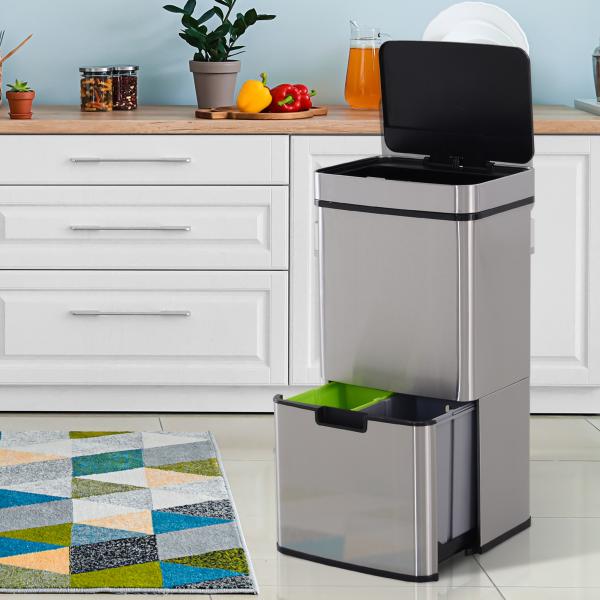 Balde de Lixo 72L com Abertura Automática de Aço Inoxidável e Reciclagem para Cozinha 42x30x81 cm Prata