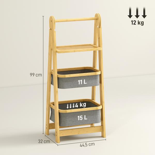 Estante Dobrável para Casa de Banho de Bambu com 2 Cestos para Roupa Suja Estante Aberto 44,5x32x99 cm Cinzento
