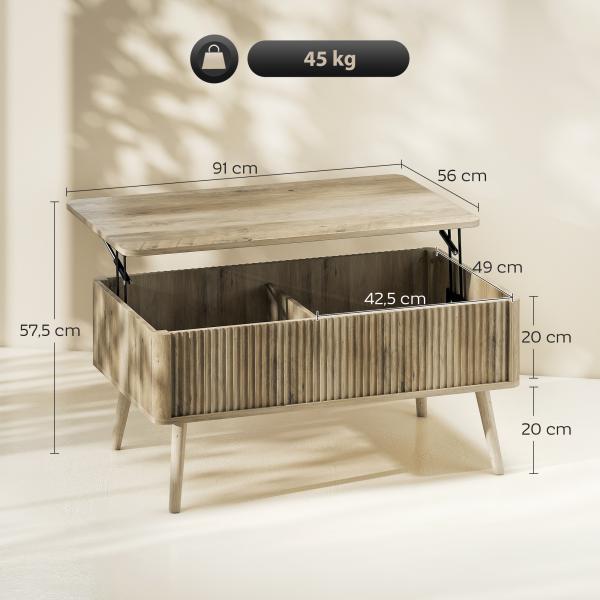 Mesa de Centro Elevatória com Compartimentos Ocultos de Armazenamento e Pés de Pinho 91x56x43 cm Carvalho