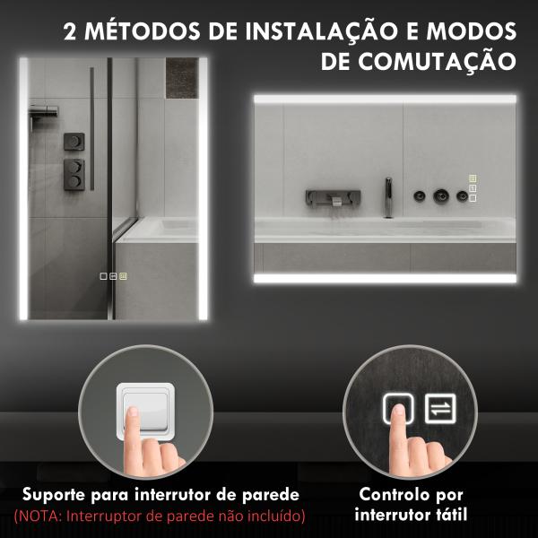 Espelho de Casa de Banho com Luz LED 70x50 cm 3 Cores de Luz Função Antiembaciamento Função de Memória IP44 Prata