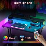 Secretária Gaming com Luzes LED 100x60 cm Tomadas de Corrente Suporte para Monitor Prateleiras e Comando Remoto Preto