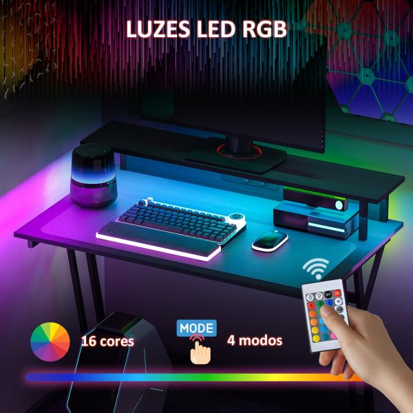 Secretária Gaming com Luzes LED 100x60 cm Tomadas de Corrente Suporte para Monitor Prateleiras e Comando Remoto Preto