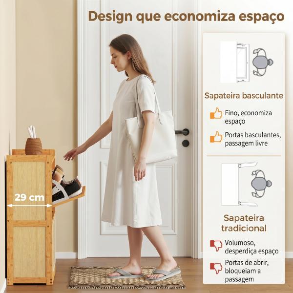 Sapateira com 2 Compartimentos Basculantes Sapateira Estilo Bohemio Estreita com Prateleiras Ajustáveis para 12 - 14 Pares de Sapatos 69x29x83 cm Madeira