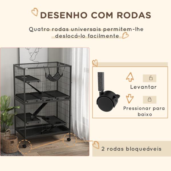 Gaiola para Roedores 80x52x128 cm Casa de 4 Alturas com Rampas Suspensa Rede Bandeja Removível Rodas Cinza Escuro