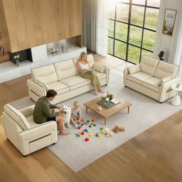 Poltrona Sala de Estar Estofada em Couro Sintético Poltrona Relax Moderna com Assento Largo Acolchoado Espesso 80x81x90 cm Bege