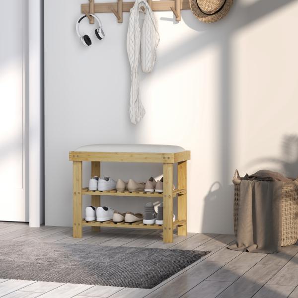 Banco Sapateira de Bambu Sapateira com Assento Almofadado 2 Prateleiras para 6 Pares de Sapatos 60x29x49 cm Madeira e Creme