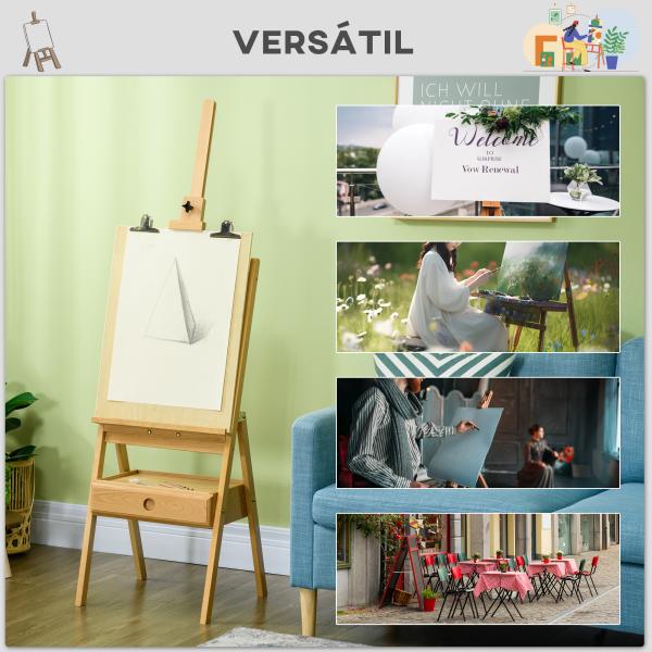Cavalete de Pintura para Telas de Até 92 cm com Gaveta Altura Ajustável e Estrutura em H 43,5x43x150 - 190 cm Madeira