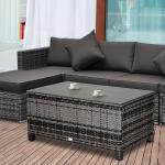 Mesa de Jardim em Vime Sintético Mesa Auxiliar com Vidro Temperado para Terraço Pátio, Varanda 85x50x39 cm Cinzento