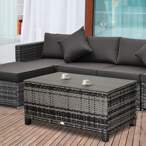 Mesa de Jardim em Vime Sintético Mesa Auxiliar com Vidro Temperado para Terraço Pátio, Varanda 85x50x39 cm Cinzento