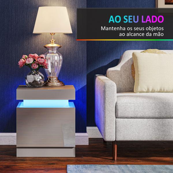 Mesa de Cabeceira com Luz LED Painel de Alto Brilho 2 Gavetas e Controlo Remoto para Dormitório 45x35x52 cm Cinzento