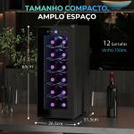 Cave de Vinhos 12 Garrafas com Dupla Refrigeração Termoelétrica Temperatura Ajustável 8 - 18℃ Porta de Vidro Anti - UV Ecrã LED Luz Interior Preto