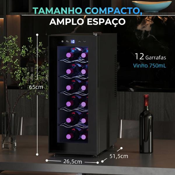 Cave de Vinhos 12 Garrafas com Dupla Refrigeração Termoelétrica Temperatura Ajustável 8 - 18℃ Porta de Vidro Anti - UV Ecrã LED Luz Interior Preto