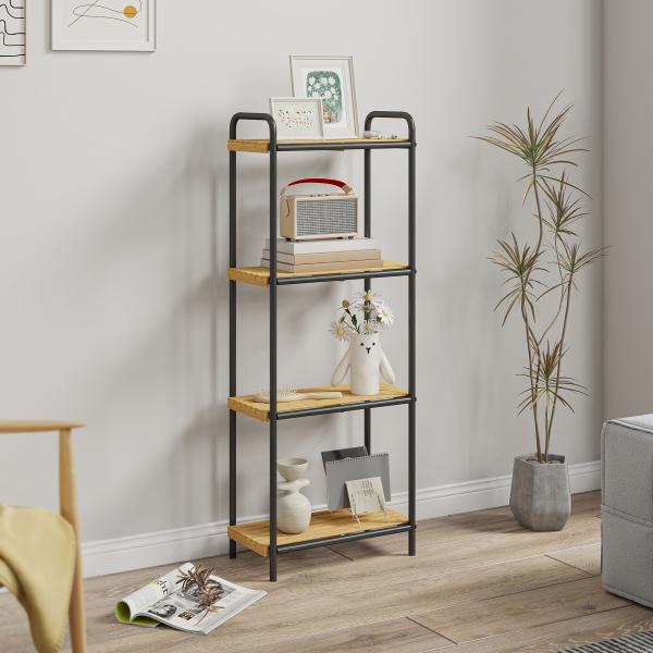Estante de Casa de Banho de Bambu de 3 Níveis Estante de Armazenamento com 3 Prateleiras Ripas e Estrutura de Aço 41,5x21,5x106 cm Madeira e Preto