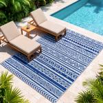 Tapete de Exterior 182x274 cm Tapete Reversível Estilo Moderno para Varanda Pátio Campismo Praia Azul Escuro e Branco
