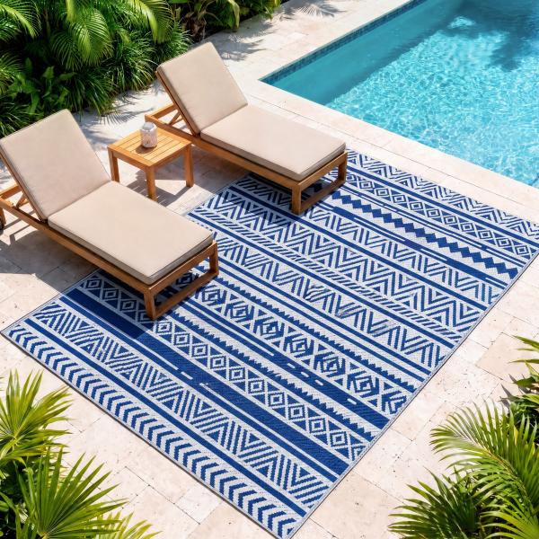 Tapete de Exterior 182x274 cm Tapete Reversível Estilo Moderno para Varanda Pátio Campismo Praia Azul Escuro e Branco