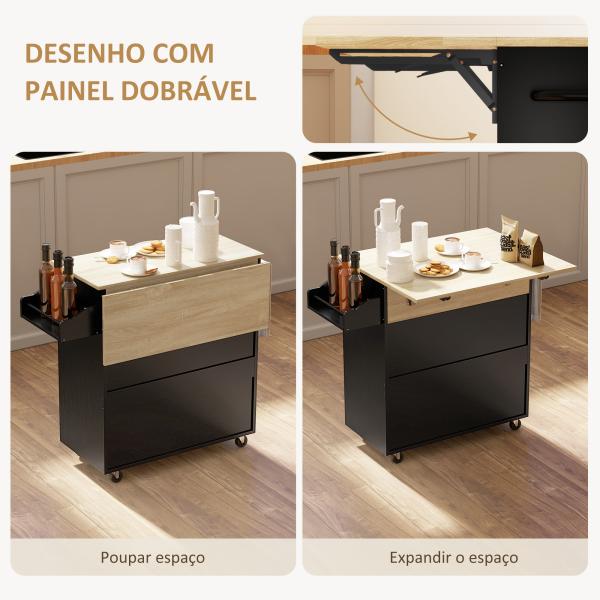 Ilha de Cozinha com Rodas com Lateral Dobrável Gaveta Suporte para Temperos e Prateleira Ajustável 106x42x87 cm Preto e Carvalho