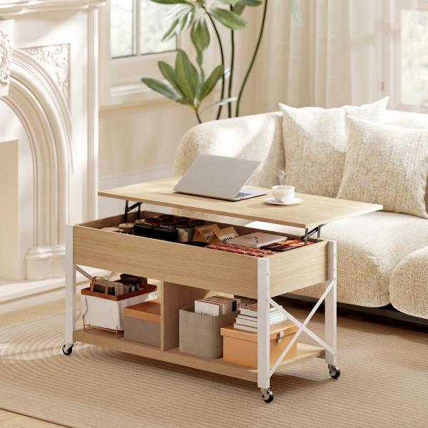 Mesa de Centro Elevatória com Rodas Compartimento Oculto e Prateleiras Abertas 105x50x67 cm Madeira e Branco