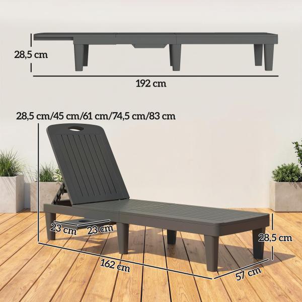 Conjunto de 2 Espreguiçadeiras Reclináveis de Plástico PP com Bandeja Lateral Encosto Ajustável em 5 Posições 192x57x28,5 cm Cinzento
