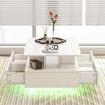 Mesa de Centro Moderna com LED 4 Gavetas Prateleira Aberta e Luzes LED de 16 Cores 90x55x41 cm Branco Brilhante