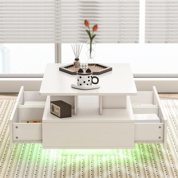Mesa de Centro Moderna com LED 4 Gavetas Prateleira Aberta e Luzes LED de 16 Cores 90x55x41 cm Branco Brilhante