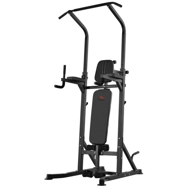 Estação de Musculação Torre de Treinamento Altura Ajustável com Barra de Flexões e Banco Dobrável para Fitness em Casa Academia Carga 150kg 99x178x230cm Preto