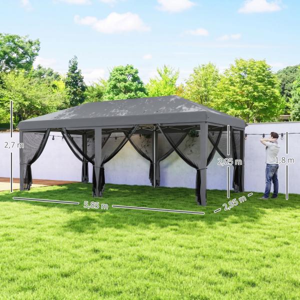 Tenda Dobrável 585x295x270 cm Tenda de Jardim com 6 Mosquiteiros Bolsa de Transporte e Estrutura de Aço Cinza