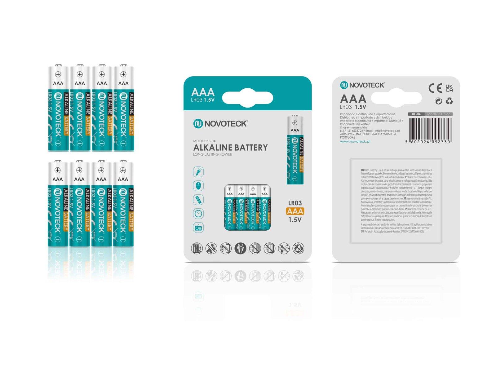 Pilhas Alcalinas AAA LR3 NOVOTECK 1.5V – Longa Duração – Pack com 8 Unidades