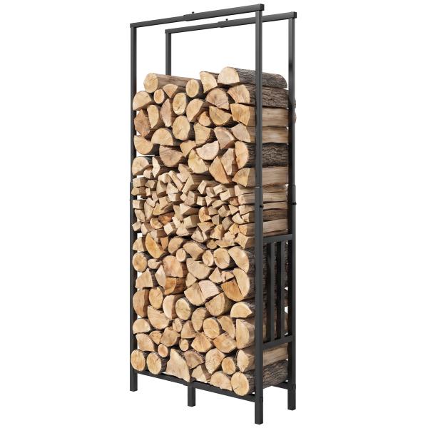 Lenheiro Exterior em Aço Resistente para Lenha com Largura e Altura Ajustáveis, Carga 100 kg, 45,5 - 75,5x25x98 - 170 cm, Preto