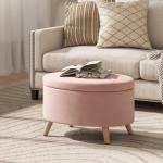 Puff Estofado em Veludo Acolchoado Banco de Armazenamento com Tampa Removível e Pés de Madeira 71x51,5x42 cm Rosa