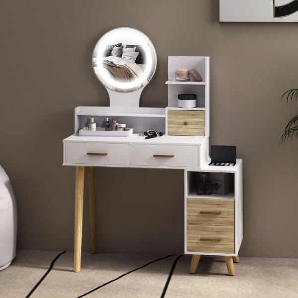 Toucador com Espelho e Luzes LED Ajustáveis 5 Gavetas 4 Compartimentos e 1 Prateleira 100x44x137 cm Branco e Madeira