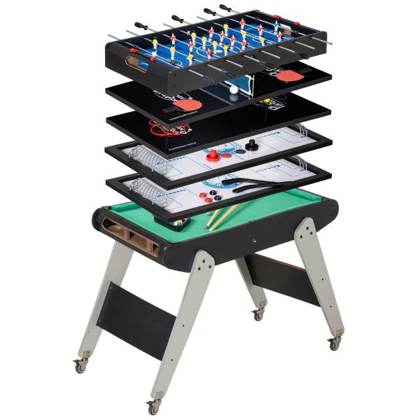 Mesa de Jogos 6 em 1 com Rodas Bilhar Matraquilho Ping Pong Lançamento de Anéis Hóquei com Bastão e Hóquei com Discos 120x88x79cm Multicor