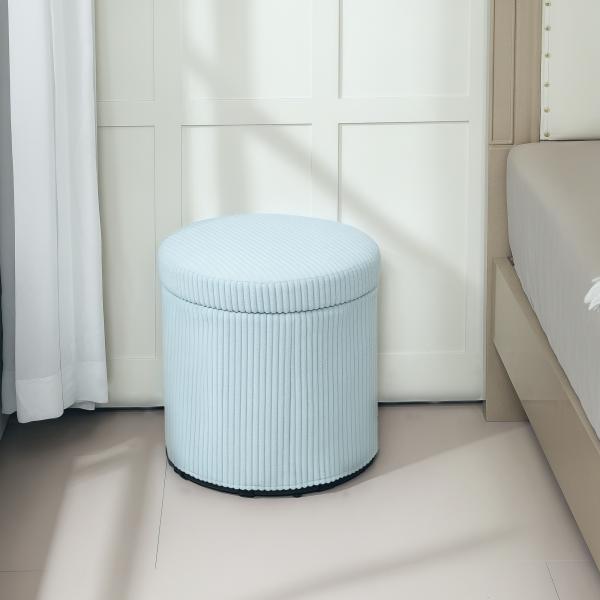 Puff de Arrumação Baú de Arrumação Redondo Estofado em Veludo Cotelê Tampa Removível Ø40x41 cm Azul Claro