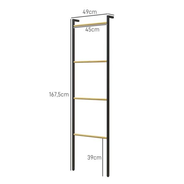 Toalheiro de 4 Níveis Toalheiro Casa de Banho com 4 Barras de Bambu e Estrutura de Aço 49x5,5x167,5 cm Preto e Madeira