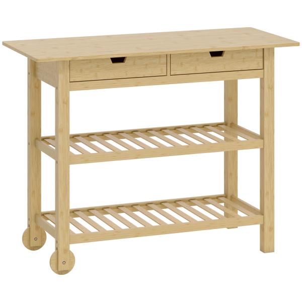 Carrinho Auxiliar com Rodas em Bambu 2 Gavetas 2 Prateleiras de Ripas 100x43x75 cm Madeira