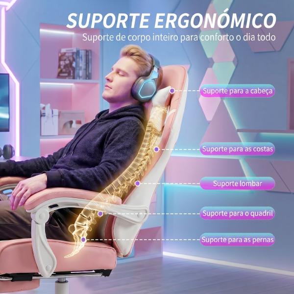 Cadeira Gaming Reclinável 155° com Suporte Lombar com Massagem Apoio de Cabeça e Apoio para os Pés 63x66x126 - 134 cm Rosa