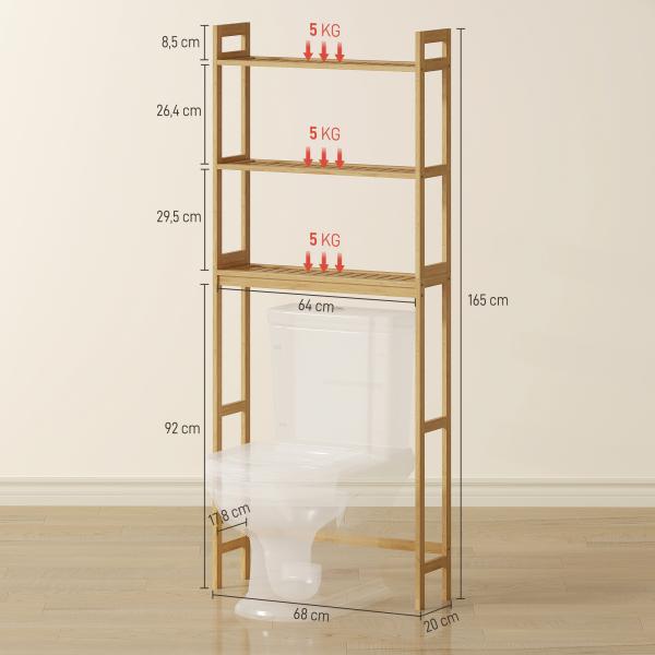 Estante sobre Sanita de Bambu com 3 Prateleiras Pés com Almofadas Antiderrapantes e Anti - Tombo 68x20x135 cm Madeira