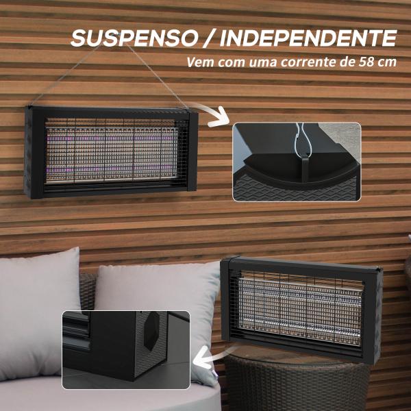 Lâmpada Anti - Mosquitos com Luz LED Mata Mosquitos Elétrico 8W Efetivo para 60 m² com Corrente para Interior Jardim Terraço Pátio 49x6x25 cm Preto