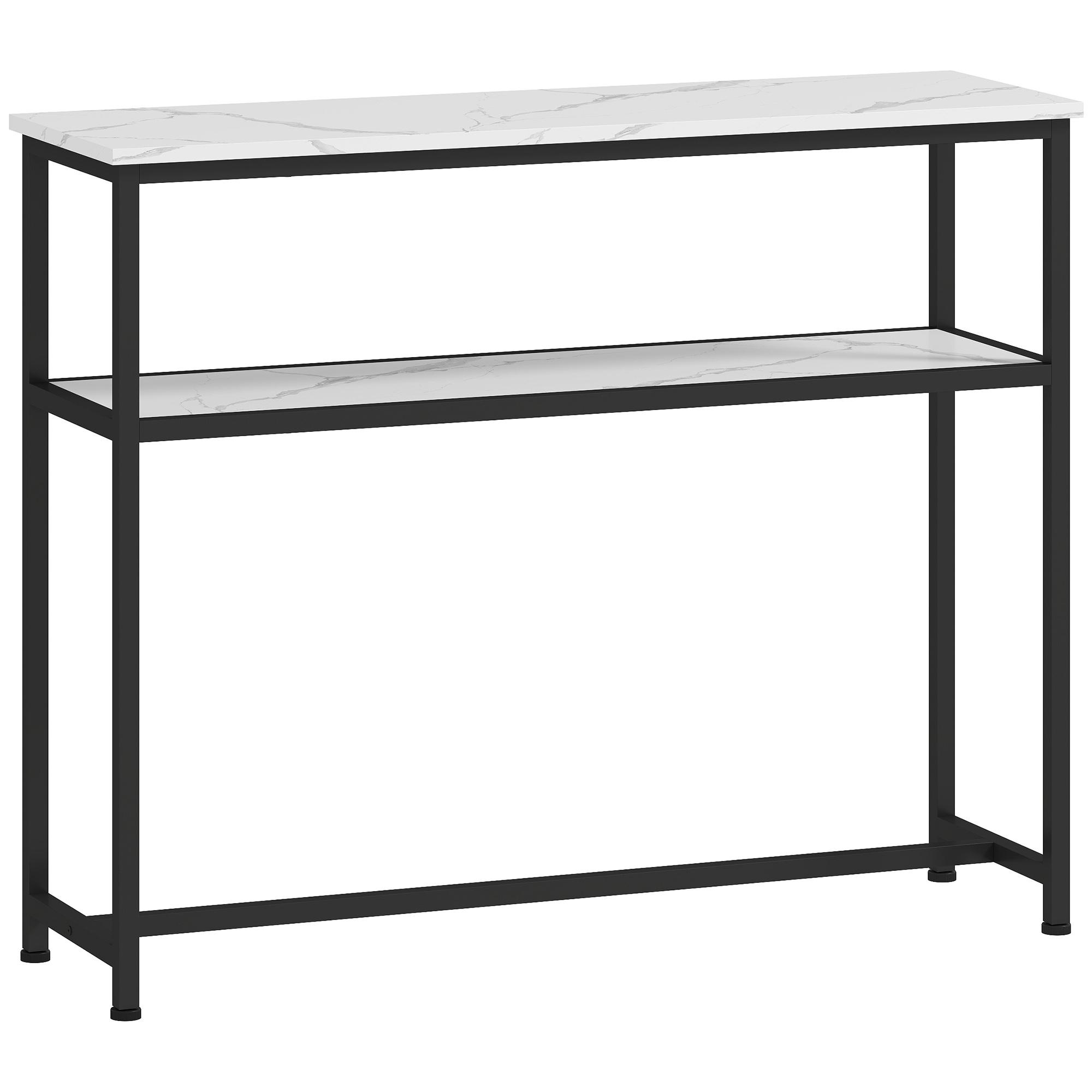 Mesa Consola Moderna Consola Estreita com Superfície com Efeito Mármore Prateleira Aberta e Estrutura de Metal 100x30x81 cm Branco