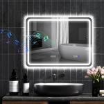 Espelho de Casa de Banho com Luz LED 80x60 cm Bluetooth 3 Cores de Luz Relógio Digital Função Antiembaciamento Memória Prata