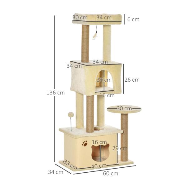 Árvore Arranhador para Gatos Centro de Atividades com Plataformas Cavernas de Felpa Suave Postes para Arranhar de Juta Bola Brinquedo Suspenso 60x34x136cm Bege