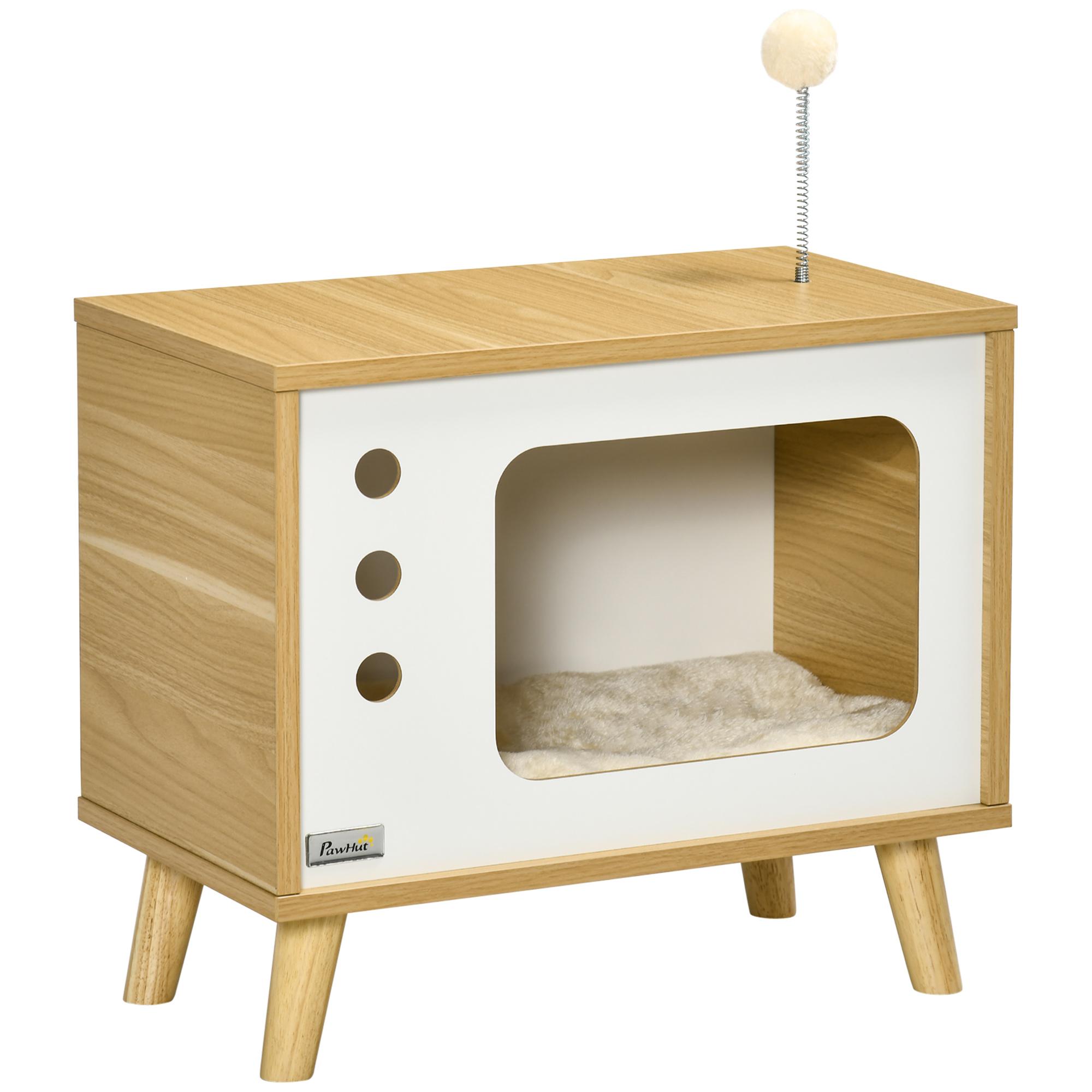 Mesa Auxiliar Casa para Gatos Estilo Televisor com Almofada Suave Lavável Bola e Pés Elevados 50x28x43cm Carvalho