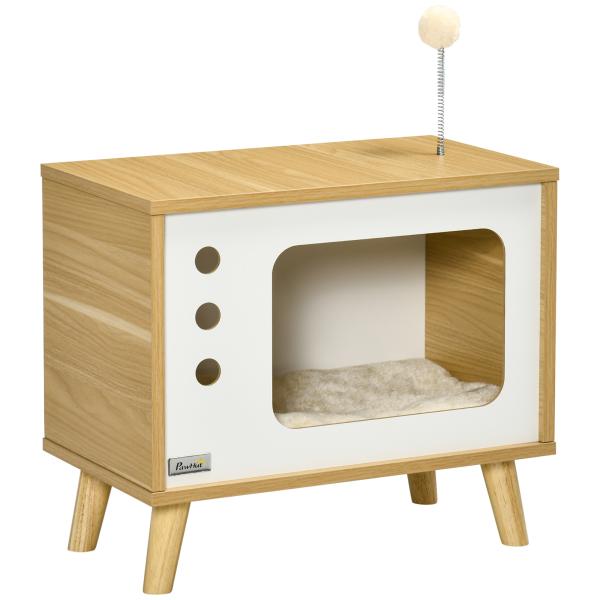 Mesa Auxiliar Casa para Gatos Estilo Televisor com Almofada Suave Lavável Bola e Pés Elevados 50x28x43cm Carvalho