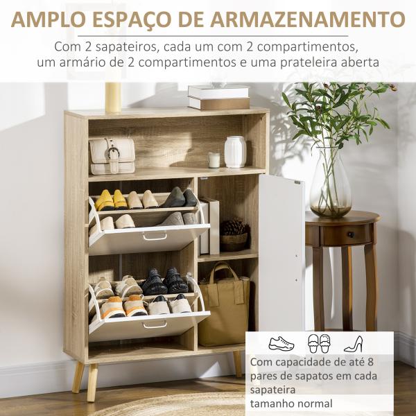 Sapateira para 8 Pares de Sapatos com 2 Gavetas Prateleira Aberta e Porta 80x25,5x112,5cm Madeira e Branco
