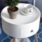 Mesa Apoio Redonda com 1 Gaveta Borda Elevada e 3 Pés de Madeira Estilo Moderno Ø38x45 cm Branco