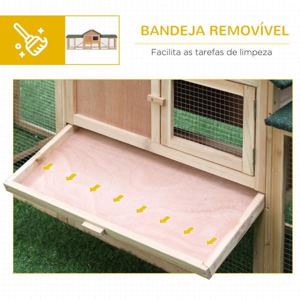 Coelheira de Exterior Grande Gaiola de Madeira para 2 - 4 Coelhos com Teto Asfáltico Recinto de Arame Bandeja Removível e Rampas 210x45,5x84,5 cm Natural