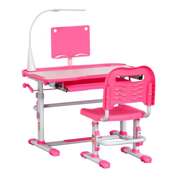 Conjunto de Secretária e Cadeira para Crianças com Altura Ajustável Mesa Inclinável Lâmpada LED 80x49,5x80 - 105cm e 36x34x60 - 73cm Rosa
