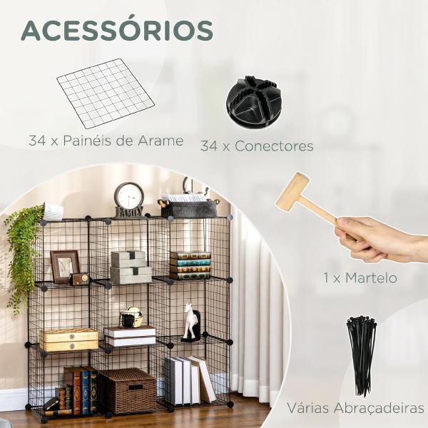 Estante Modular de 9 Cubos em Arame DIY, Organizador Multiusos para Sala, Preta