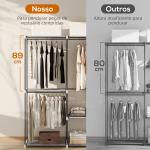 Armário de Roupa Aberto 142x43x185 cm Armário para Roupas com 4 Prateleiras de Tecido 3 Barras para Pendurar Cinzento