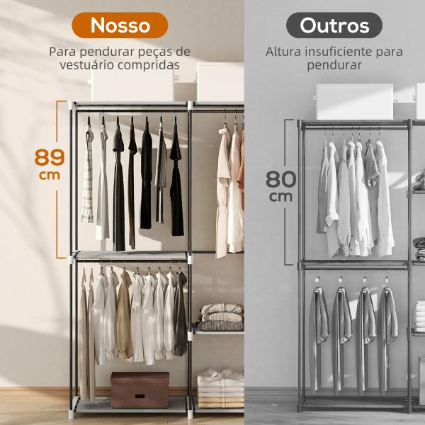 Armário de Roupa Aberto 142x43x185 cm Armário para Roupas com 4 Prateleiras de Tecido 3 Barras para Pendurar Cinzento