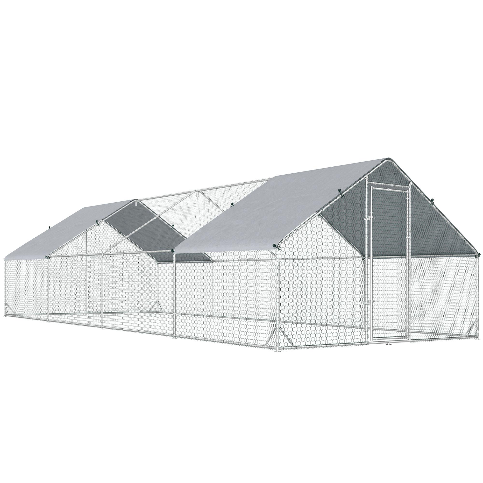 Galinheiro Exterior Grande 24 m² Gaiola para 16 - 24 Galinhas 3x8x2 m Galinheiro de Aço Galvanizado com Cobertura de PE e Porta com Fecho para Patos e Coelhos Prateado